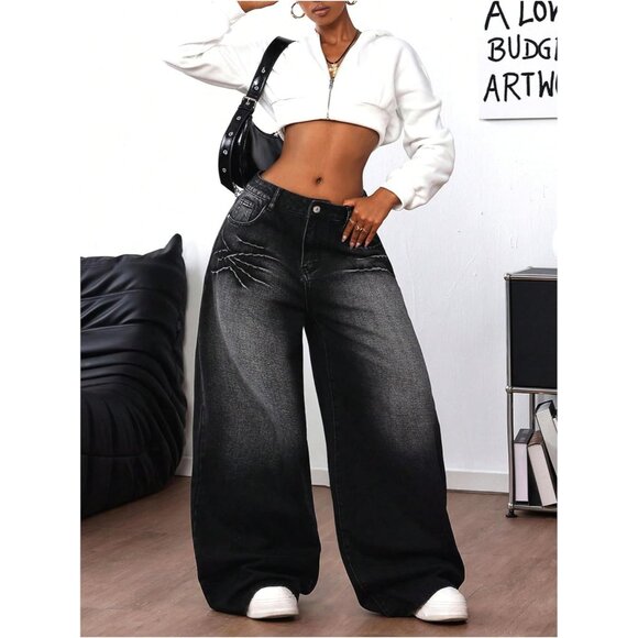 Women's Y2K Baggy Jeans Low Waist Cross Print Wide Leg Denim Pants - Picture 5 of 5